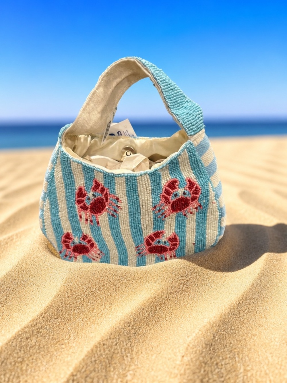 Hand-Beaded Blue & Red Crab Mini Bag